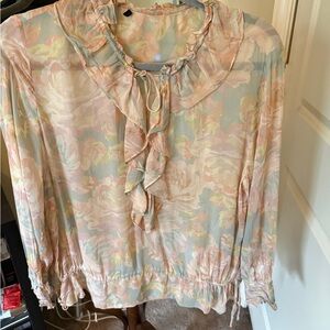 Used Pastel Floral Sheer Top With Ruffles and string tie At The Neck And waist